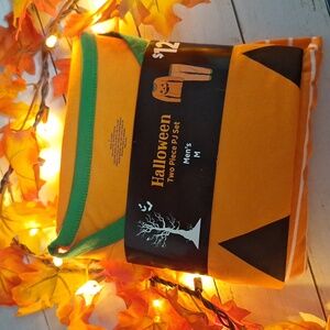 🟢Mens 2 Piece Orange Pumpkin Halloween Pajama Set